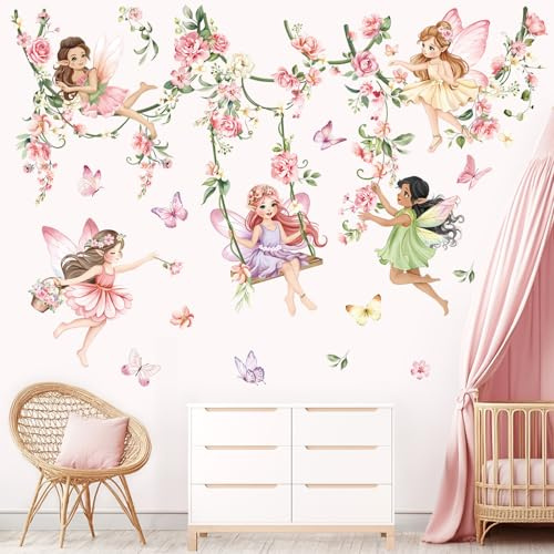decalmile Väggdekaler Blomma Älva Rosa Flicka Väggdekal Älvor Blommor Akvarell Rosa Hängande Vinstockar Väggdekoration Baby Flicka Sovrum Barn Barnrum