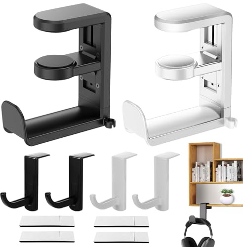 WZYTEU Juego de 6 soportes para auriculares, 2 soportes para auriculares con 4 auriculares, soporte para colgar auriculares, soporte para todos los auriculares y auriculares (blanco/negro)