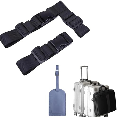 Lot de 2 Sangles de Valise et 1 Étiquettes à Bagages, 1 T Type 1 Normale Sangle Valise Convient pour Connecter Deux Bagages Ensemble, avec Boucle Réglable et Boucle Détachable, Étiquette en Bleu Ciel