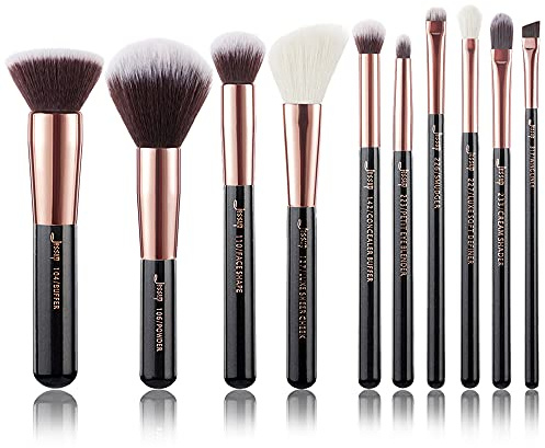Jessup 10pz Pennelli per il trucco Fondotinta Polvere Bellezza Eyeliner Correttore Setole in fibra fatta a mano Kit per il trucco Nero/Oro rosa T156