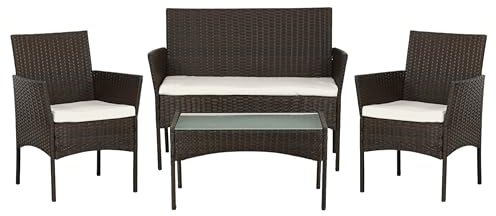 Totò Piccinni Set PRAGA Salotto Completo di Divano 2 Poltrone e Tavolino in Vetro e Poly Rattan Struttura in Acciaio con Cuscini (Marrone)