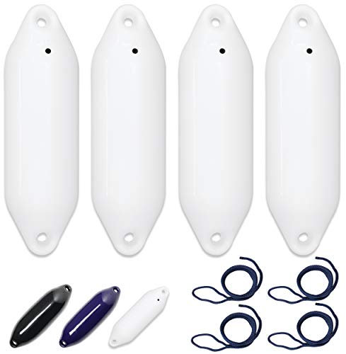 HonuNautic 4er Set Fender incl. Fenderleinen | U-Serie | Farbe: Weiß | Größe: Ø 10 x L 33 cm | Boot & Yacht Stegfender, Langfender