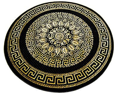 CARPETIA Teppich Wohnzimmer mit Bordüre Mäander Muster schwarz Gold Größe 200 cm Rund