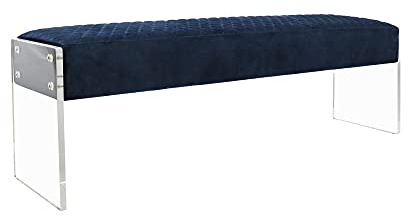 Pasargad Home Tribecca Clear Acrylic Base 3-Seater Bench with Velvet Upholstery in Navy, W59