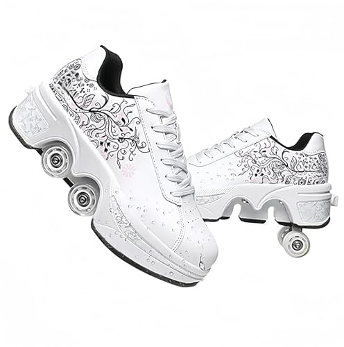 LDRFSE Roulette Skridskoåkning, Sneakers Roller Skateboardskor Med Hjul Sport Gymnastik Mode Multipurpose Kick Roller Shoe för Pojkar Och Flickor, Vit Rosa Blomma, 40 EU