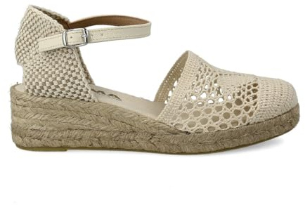 PAYMA - Sandalias Cuñas Bajas de Esparto de Mujer de Crochet. Hechas en España. Esparteras Tacón 3 o 5 Cuerdas. Planta Acolchada en Tela. Hebilla al Tobillo o Cintas. Color: Beige, Talla: EU 39
