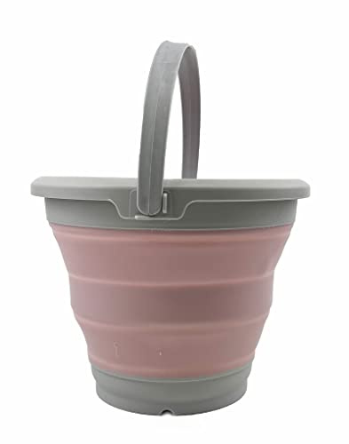SAMMART 5.5L Collapsible Plastic Bucket - Foldable Round Tub - Portable Fishing Water Pail - Space Saving Outdoor Waterpot (Grey/Pale Pink)