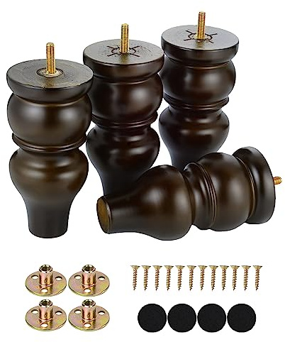 Maricome 6 Inch Replacement Furniture Legs Pre-drilled M8 Bolt Bun Feet Set of 4 Wood Legs for Sofa Couch Cabinet Mid Century High Polish Finish