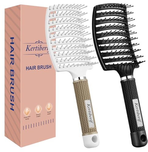 Kertiberif 2 Pack Curved Vented Detangling Brush for Wet and Dry Hair, Paddle Styling Hair Brush for Faster Blow Drying, Detangler Brush for Women Men Curly Thick Hair