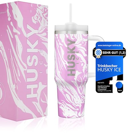 HUSKY ICE Thermobecher mit Strohhalm und Griff [24h Eiskalt] 1.2 Liter Tumbler Cup - Trinkbecher mit Deckel und Strohhalm - Kaffebecher – Isolierbecher & Thermos (Pink bemustert)