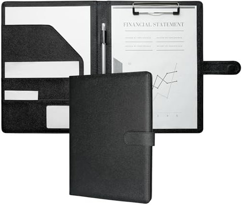 Mymazn Klemmbrett A4 mit Deckel, Mappe A4 Schreibmappe Klemmbrettmappe in Schwarz, PU-Leder Konferenzmappe A4 mit Dokumentenfächern, Stiftehalter und Magnetverschluss