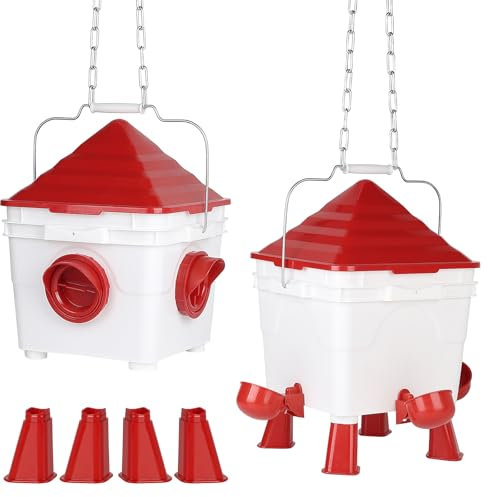 EFUTURETIME Hühnertränke 7L Automatisch mit Füßen und 8KG Behälter Futterautomat für Hühner Geflügel Futterspender, Aufhängbarer Hühnertränker mit Stahlketten（2 STK.）