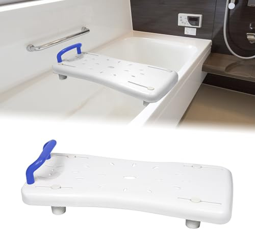 UISEBRT Sedile per vasca da bagno per anziani, asse per vasca da bagno, sedile per vasca con manico e portasapone, lunghezza 70 cm, bianco e blu