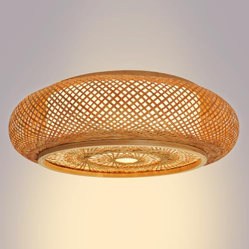 Susoso Deckenlampe, Deckenleuchte mit Standard E27 Lampenfassungen Rund Wohnzimmerlampe Schlafzimmerlampe Handgeflochten für Flure 50x16cm Rattan Gelb