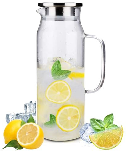 1.5 Litre/50.7 Onces Carafe Eau avec Couvercle et Anse, Pichet Verre Borosilicaté Transparent pour Eau Chaude Froide,Cruche Jus Fruits Résistant Chaleur, Carafe Boissons pour Lait, Café,Vin,Thé Glacé