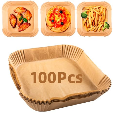 100 Pz Carta Forno per Friggitrice ad Aria 20x20cm, Carta per Friggitrice ad Aria Doppio Cestello, Fogli Teglia Carta da Forno per Friggitrice ad Aria Quadrata, Air Fryer Accessori (100)