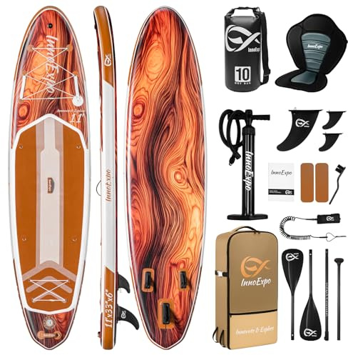 InnoExpo 11' Inflatable Stand Up Paddle Boards with Premium Accessories, Wide Stable SUP Paddle Board Design, Non-Slip Comfort Deck for Youth & Adults (Timber/Kayak Seat)