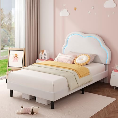 ModernLuxe 3FT LED Single Upholstered Bed 90x190cm for Kids Velvet Single Bed Frame Cloud Headboard Girls Bed with Adjustable Lighting, Sturdy Wood & Metal Slats – White (No Mattress)