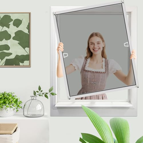 Fliegengitter Fenster mit Rahmen, Insektenschutz Fliegengitter Fenster Fliegenschutz Alurahmen, 60 x 80 cm Fliegengitter zum Klemmen, Mückenschutz Fliegenschutzgitter Montage ohne Bohren