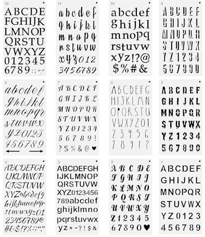 Yuio Letter Stencils, 12PCS Assorted Styles Symbols Alphabet Number Stencil Reusable Drawing Templates for DIY Craft Painting Journal Photo Album Scrapbook Diary