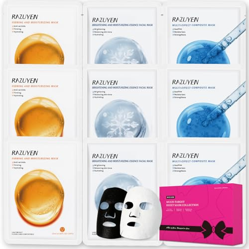 RAZUYEN Set di maschere facciali con peptidi, vitamina C e pantenolo B5 - anti-invecchiamento, schiarente, lenitivo cura del viso per tutti i tipi di pelle, idratante e rassodante (9 maschere)