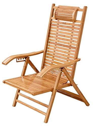 Lsoiup Fauteuil inclinable Pliant en Bambou, Chaise Longue de Balcon, Chaise Longue de Jardin en Bois avec Appui-tête réglable, Chaise Longue de Loisirs Portable