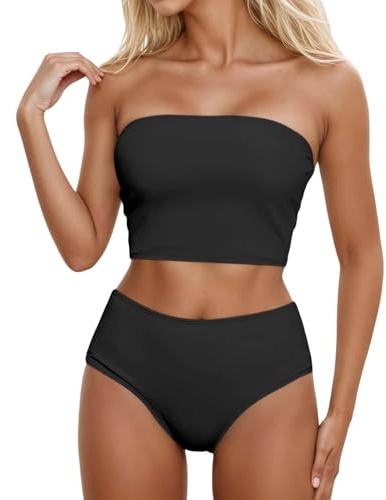 Maillot De Bain 2 Pieces Femme Bandeau Culotte Taille Haute Grande Taille Maillots Deux Pièces Femme sans Bretelles Ronde a la Mode Plage Océan Piscine Natation Sport Vacances (Noir, M)