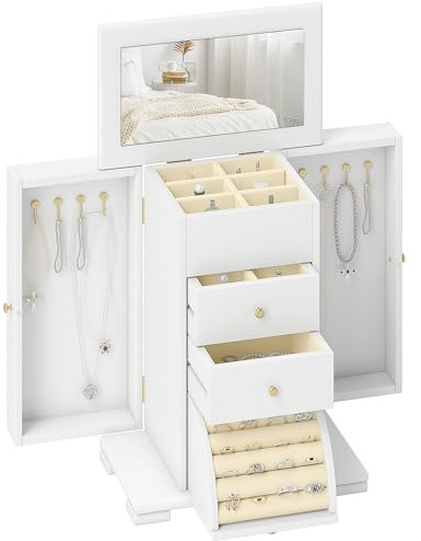 HOMCOM 4-Tier Jewellery Box for Women, Large Jewellery Organiser with Mirror and 2 Drawers for Rings Earrings Necklaces Bracelets, White