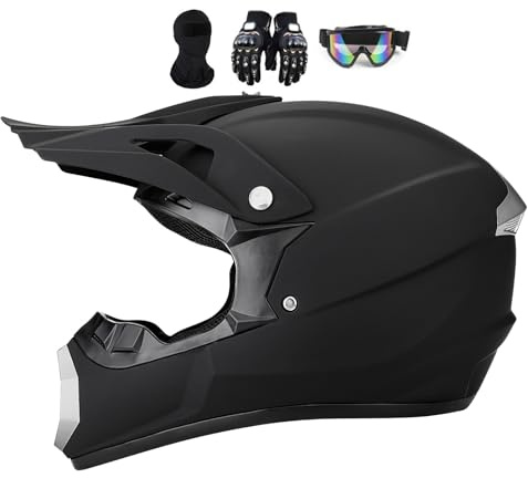 Casque Moto Enfant 7-14, Casque De Motocross Pour Les Adolescents, Protection Enduro Integral VTT Casque Moto Cross, Pour BMX MTB Quad Enduro ATV Scooter, Avec Goggle Gants Masque(Black,L(56-57CM))