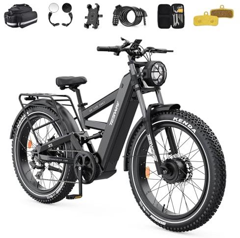 TESWAY X9 Dual Motor Ebike, 26 Fat Tire Full Suspension AWD Electric Bike, 240NM Fast Electric Bike, 48V 30Ah 120 Miles Long Range E-Bikes (X9 AWD, Black)