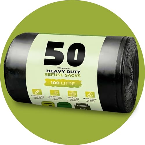 50 Pack Black Bin Bags, 100L, 33 Microns, Leak-Resistant, Eco-Friendly, Strong & Durable Recyclable Refuse Sacks, Bin Liners for Home, Office & Kitchen Waste Disposal