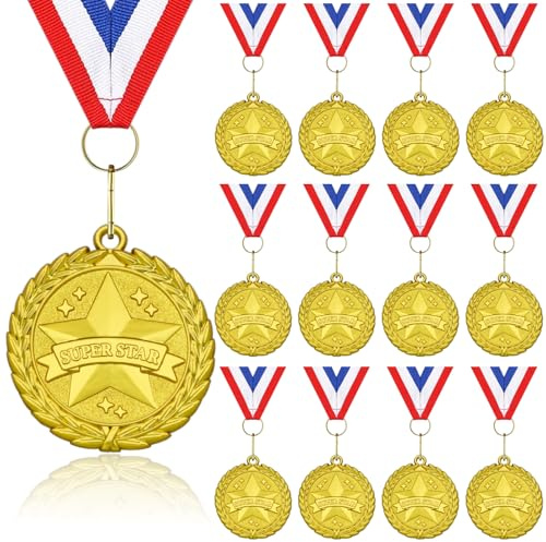 Donrime Gold Super Star Medals 12-Pack – 1st Place Championship Medals with Ribbon for Sports, Gymnastics, Tournaments – Adult & Youth Awards for Track, Soccer, Basketball