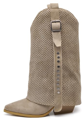 IF Stivaletti Texani Donna con Effetto di Sovrapposizione, Decorazione Esterna Traforata, Borchie cinture e fibbie G715 beige N.39