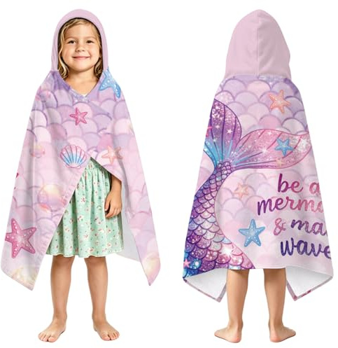 peacoblue Mermaid Tail Hooded Beach Towel Poncho, Microfiber Swim Towel | 30x50 Wearable Hooded Towel, Super Absorbent Quick Dry Swim Wrap for Ages 2-8, Beach, Pool & Bath Use