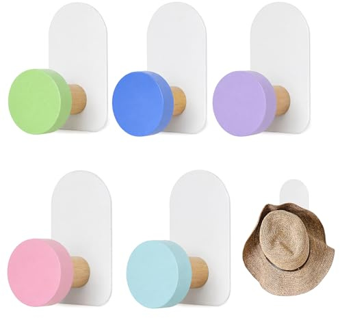 Msjuwek 5-Pack Self-Adhesive Kids Coat Hooks, Colorful Cartoon Animal Wall Hooks for Children, Heavy Duty Sticky Towel Hooks for Clothes, Backpacks, Hats, No Drilling Required, Macaron Round