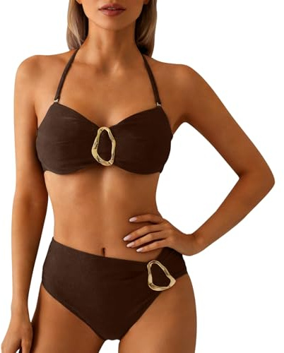 Maillot de Bain Femme Bikini Deux Pièces Bandeau avec Boucle Métallique, Haut et Bas Taille Haute, pour Plage et Vacances d'Été Plusieurs Couleurs