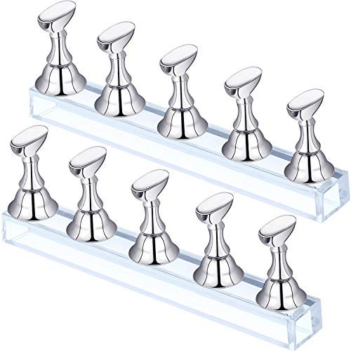 Blulu 2 Sets Acryl Nagel Display Ständer Nagelspitze Übung Halter Magnetischer Nagel Übung Fingernagel DIY Nagelkunst Ständer für Falsche Nagelspitze Maniküre Werkzeug Salon (Silber)