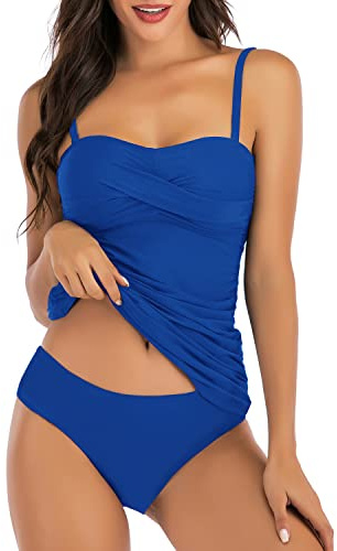 Shuangyu Bandeau Tankini Suits for Women Ruched Tankini Top with Mid Waisted Bottom Two Piece Swimsuits Navy Blue M
