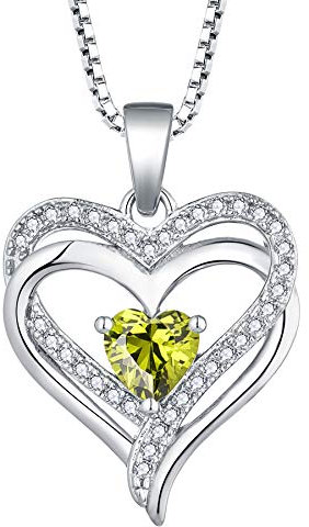 YL Damen Herz Halskette 925 Sterling Silber Anhänger August Geburtsstein Peridot Zirkonia Doppeltes Herz Kette Schmuck Geschenke für Mutter ihre Frau Freundin