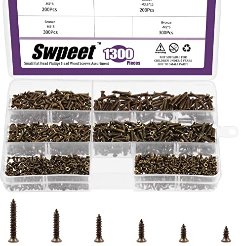 Swpeet Juego de 1295 tornillos de madera pequeños de 5 mm, 6 mm, 8 mm, 10 mm, 12 mm, 16 mm, kit de surtido de tornillos de cabeza cruzada planos, tornillos de metal para muebles (bronce)
