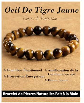 Landorilo Bracelet en Pierre Naturelle de 8 mm Fait à la Main pour Homme et Femme, Bracelets de Yoga Élastique Hautement Poli, Cadeaux de Bijoux Créatifs(Oeil de Tigre Jaune)