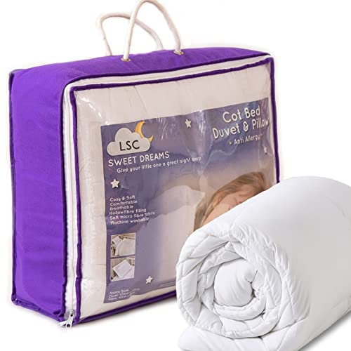 LSC Baby Cot Bed Duvet 4.5 Tog Anti Allergy 2pcs Baby Comfort Quilted Duvet & Pillow Hollowfiber Filling Set Toddler Cot Bed Duvet for Toddler Kids Baby Girls and Boys (4.5 TOG)