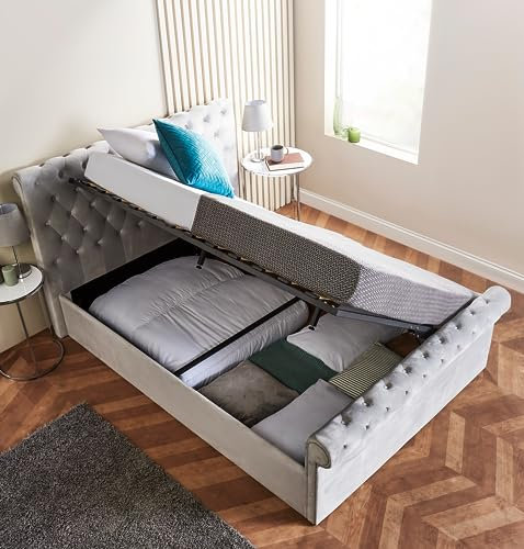 Home Treats Ottoman Bed Frame Double 4FT6 | Brushed Velvet Side Lift Storage Bed | Upholstered Sleigh Bed Frame Grey (Double, No Mattress)