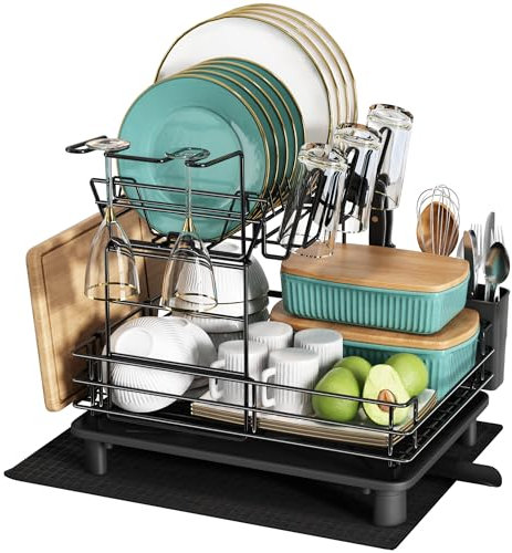 MAJALiS Dish Drainer Rack - 2 Tier Stainless Steel Dish Drainer with Drip Tray and Drainer Mat, Sink Dish Drying Rack with Utensil Holder, Plate Draining Board Rack for Kitchen Counter, Black