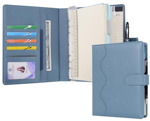 Wason Cuaderno de Cuero PU A5 con Papel Recargable, Carpeta de Anillas Extraíbles con Portapapeles, Bloc de Notas y Bolígrafo para Viajes, Negocios, Organizador de Escuela (Azul niebla)