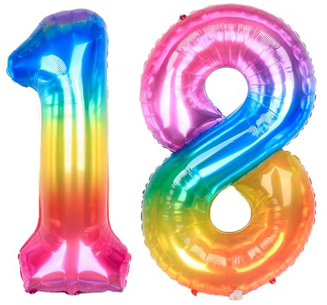 Ponmoo 40 inches Foil Balloons Numbers 18/81 Neon Rainbow (101cm), Inflatable Helium or Air, Giant Balloon Number 0-9, 10-29, 30-100, Grand Balloons for Anniversary Wedding Birthday Party Decoration