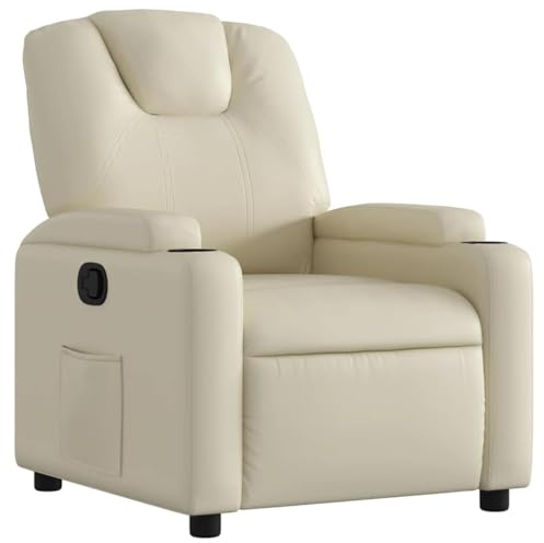 vidaXL Manual Recliner Chair for Living Room, Adjustable Recliner with Padded Seat & Backrest, Home Theater Seating with Side Pocket & Cup Holders, Cream Leather