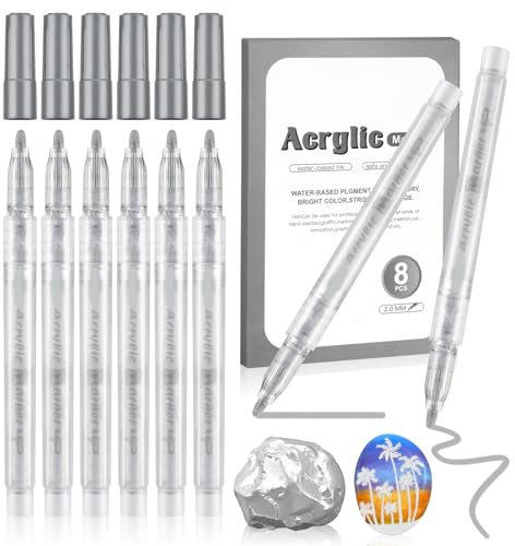 Dacono 8 Pennarelli di Vernice Acrilica a Valvola Argento, Pennarelli di Vernice Permanente a Base d'Acqua con Punta da 2,0 mm, Ideali per la Pittura su Roccia, Vetro, Pietra, Legno, Ciottoli