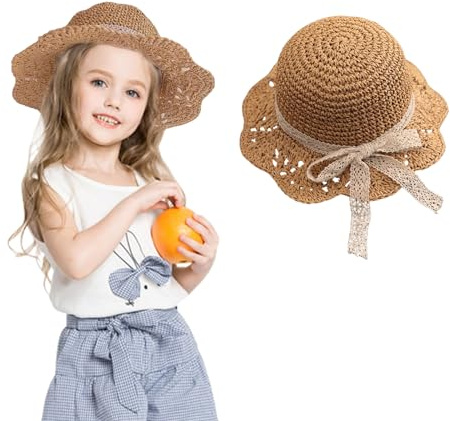 Sombrero de paja para bebé, sombrero de playa para niñas de verano con arco plegable sombrero para el sol.., caqui, 2-6 años