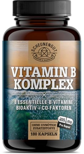 Vitamin B Komplex (B1-B12) +3 Kofaktoren aktiv -WICHTIG: Alle 8 B-Vitamine (B1, B2, B3, B5, B6, B7, B9, B12) -Vitamin B Komplex Vegan- Hochdosiert mit Cofaktoren -DE- SCHEUNENGUT®